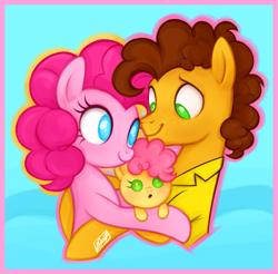 Size: 1085x1068 | Tagged: safe, artist:mn27, cheese sandwich, li'l cheese, pinkie pie, earth pony, pony, g4, the last problem, clothes, colt, family, father and child, father and son, female, foal, male, mare, mother and child, mother and son, no pupils, ship:cheesepie, shipping, shirt, stallion, straight, trio