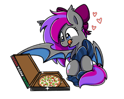 Size: 2560x2048 | Tagged: source needed, useless source url, safe, artist:sugar morning, oc, oc only, oc:comet strike, bat pony, pony, bat pony oc, bow, cardboard box, clothes, commission, cutie mark, female, food, fruit, heart, herbivore, high res, hungry, kiwi fruit, pineapple pizza, pizza, simple background, sitting, socks, solo, striped socks, text, tongue out, transparent background
