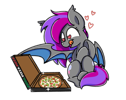 Size: 2560x2048 | Tagged: source needed, useless source url, safe, alternate version, artist:sugar morning, oc, oc only, oc:comet strike, bat pony, pony, bat pony oc, bow, cardboard box, clothes, commission, cutie mark, female, food, fruit, heart, heart eyes, herbivore, high res, hungry, kiwi fruit, pineapple pizza, pizza, simple background, sitting, socks, solo, text, tongue out, transparent background, wingding eyes