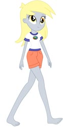 Size: 433x875 | Tagged: safe, artist:marcorulezzz, edit, editor:thomasfan45, vector edit, derpy hooves, equestria girls, g4, legend of everfree, barefoot, camp everfree logo, camp everfree outfits, clothes, cute, feet, female, legs, shirt, shorts, simple background, solo, t-shirt, vector, walking, white background