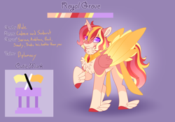 Size: 3500x2454 | Tagged: safe, artist:nobleclay, oc, oc only, oc:royal grove, alicorn, pony, high res, male, offspring, parent:princess cadance, parent:sunburst, reference sheet, solo, stallion