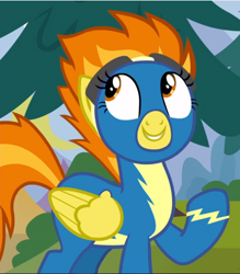 Size: 824x941 | Tagged: safe, screencap, spitfire, pegasus, pony, g4, newbie dash, clothes, cropped, cute, cutefire, female, looking up, mare, raised hoof, smiling, solo, uniform, wonderbolts uniform