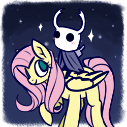 Size: 3200x3200 | Tagged: safe, alternate version, artist:taika403, fluttershy, pegasus, pony, g4, blushing, duo, high res, hollow knight, night, riding, riding a pony