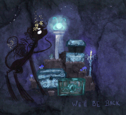 Size: 700x640 | Tagged: safe, artist:azimooth, oc, oc only, angel, pony, ask thaumaturge pony, animated, candle, chest, featured image, female, fire, gif, glowing, glowing eyes, jar, mushroom, mystic, mystical, poking, profile, solo, standing, treasure chest, we'll be back, wings, wreath