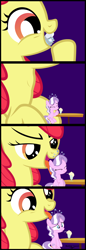 Size: 2360x6867 | Tagged: safe, artist:shelikof launch, derpibooru exclusive, apple bloom, diamond tiara, silver spoon, earth pony, pony, g4, comic, eaten alive, endosoma, female, fetish, filly, filly pred, filly prey, kitchen eyes, licking, macro, macro/micro, milkshake, non-fatal vore, open mouth, ponies eating ponies, predbloom, salivating, show accurate, simple background, size difference, slimy, smug, swallowing, taste buds, tasting, throat bulge, tongue out, vore
