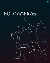 Size: 475x600 | Tagged: safe, artist:quint-t-w, prince blueblood, oc, earth pony, pony, unicorn, g4, bowtie, clothes, dialogue, gradient background, looking at you, minimalist, modern art, necktie, old art, security guard, sunglasses, underhoof