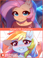 Size: 2082x2809 | Tagged: safe, artist:fensu-san, fluttershy, rainbow dash, anthro, g4, advertisement, blushing, chocolate, clothes, cute, female, food, gym, high res, hot chocolate, patreon, patreon preview, solo, sports, sweater, winter, workout