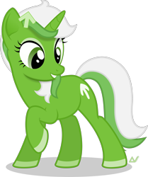 Size: 2800x3350 | Tagged: safe, artist:arifproject, oc, oc only, oc:upvote, pony, unicorn, derpibooru, g4, derpibooru ponified, grin, high res, looking back, meta, ponified, raised hoof, simple background, smiling, solo, transparent background, vector