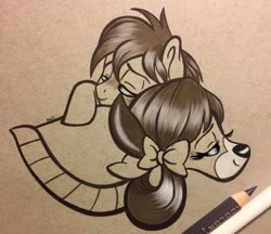 Size: 1024x883 | Tagged: safe, artist:emberslament, sandbar, yona, pony, yak, g4, blushing, bow, colored pencil drawing, cute, eyes closed, female, hair bow, hug, interspecies, male, object(s) on paper, photo, sandabetes, ship:yonabar, shipping, simple background, straight, traditional art, yonadorable