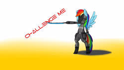 Size: 1920x1080 | Tagged: safe, artist:apuljack, rainbow dash, pegasus, pony, g4, armor, bipedal, borderlands 2, female, mare, shadow, solo, spread wings, sword, weapon, wings, zer0