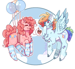 Size: 1024x942 | Tagged: safe, artist:plagued-arts, pinkie pie, rainbow dash, earth pony, pegasus, pony, g4, balloon, chest fluff, clothes, female, floating, flying, hooves, lesbian, mare, ship:pinkiedash, shipping, socks, striped socks, then watch her balloons lift her up to the sky, wings