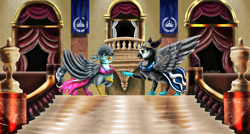 Size: 3000x1609 | Tagged: safe, artist:riavacornelia, gabby, oc, oc:princess sköldsvärd, griffon, equestria at war mod, g4, ballroom, clothes, dress