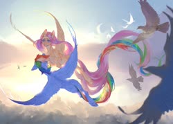 Size: 1280x917 | Tagged: safe, artist:lldelphin, artist:tabu-rat, fluttershy, rainbow dash, bird, pegasus, pony, g4, beautiful, butt, duo, female, flying, lesbian, long tail, mare, plot, rainbutt dash, scenery, ship:flutterdash, shipping, sky, smiling, spread wings, sunlight, wings