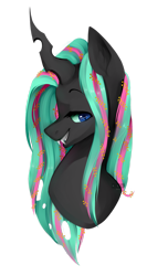 Size: 1024x1679 | Tagged: safe, artist:goshhhh, oc, oc only, oc:queen euphoria, changeling, changeling queen, bust, changeling queen oc, fangs, female, head shot, simple background, smiling, solo, transparent background