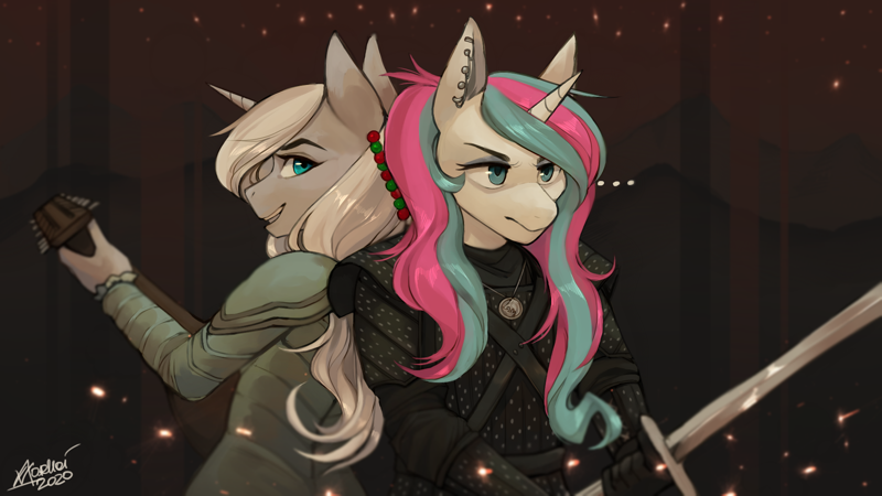 2259588 safe artist varllai oc oc only oc diamond mind oc silver rose unicorn anthro armor back to back bard duo fantasy class female jewelry leather armor looking back looking over shoulder lute derpibooru