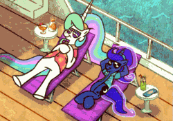 Size: 567x400 | Tagged: safe, artist:2snacks, princess celestia, princess luna, alicorn, pony, two best sisters play, between dark and dawn, g4, animated, duo, female, gif, mare, relaxing, royal sisters, sunglasses, vacation