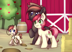Size: 2048x1475 | Tagged: safe, artist:pingwinowa, roseluck, oc, oc:appleberry, oc:flavour, earth pony, pony, g4, apple, apple tree, barn, canon x oc, family, female, filly, hat, hay bale, lasso, male, offspring, rope, shipping, tree
