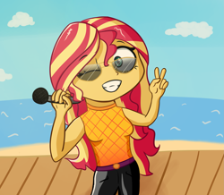 Size: 2407x2097 | Tagged: safe, artist:artiks, sunset shimmer, equestria girls, g4, let it rain, my little pony equestria girls: better together, beach, female, high res, looking at you, microphone, one eye closed, peace sign, smiling, solo, sunglasses, wink