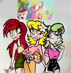 Size: 2215x2282 | Tagged: safe, artist:citi, screencap, daisy, flower wishes, lily, lily valley, roseluck, human, g4, slice of life (episode), female, flower trio, high res, humanized, scene interpretation, screencap reference, traditional art, trio, trio female