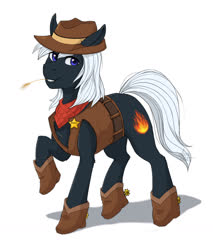 Size: 1351x1588 | Tagged: source needed, useless source url, safe, artist:alexispaint, oc, oc only, oc:dragon, earth pony, pony, boots, clothes, hat, male, sheriff, shoes, solo, spurs, stallion, vest
