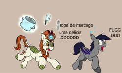 Size: 1167x700 | Tagged: safe, artist:jellymaggot, autumn blaze, oc, oc:echo, bat pony, kirin, pony, g4, 4chan, :d, bat pony oc, bat wings, brazilian portuguese, butcher knife, chase, cleaver, coronavirus, covid-19, drawthread, duo, ear tufts, eyes on the prize, female, fork, fug, gray background, leg fluff, levitation, magic, mare, meme, missing cutie mark, open mouth, ponified meme, portuguese, pot, raised hoof, running, scared, simple background, spurdo spärde, sweat, sweatdrop, telekinesis, text, tongue out, we are going to hell, wide eyes, wings