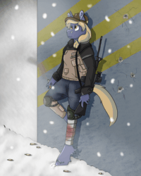 Size: 2000x2500 | Tagged: safe, artist:euspuche, oc, oc only, oc:blasting cap, anthro, unguligrade anthro, animated, commission, gif, high res, looking up, smoking, snow, weapon