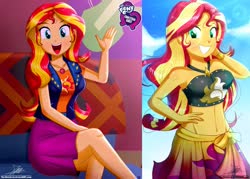 Size: 1429x1024 | Tagged: safe, artist:the-butch-x, edit, editor:thomasfan45, sunset shimmer, equestria girls, equestria girls series, g4, adorasexy, bare shoulders, beautiful, belly button, bikini, bikini babe, blushing, breasts, busty sunset shimmer, butch's hello, clothes, cloud, couch, crepuscular rays, cute, equestria girls logo, female, geode of empathy, hand on hip, happy, jacket, legs, lens flare, magical geodes, midriff, open mouth, pose, poster, sarong, sexy, shimmerbetes, shirt, signature, sitting, skirt, sky, smiling, solo, summer sunset, sunset's apartment, sunshine, swimsuit, waving