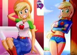 Size: 1429x1024 | Tagged: safe, artist:the-butch-x, edit, editor:thomasfan45, applejack, equestria girls, equestria girls series, applejack's beach shorts swimsuit, applejack's hat, beach, beach babe, beautiful, belly button, belt, bikini, boots, breasts, busty applejack, butch's hello, clothes, cloud, cowboy hat, crossed legs, cute, denim skirt, equestria girls logo, farmhouse, female, freckles, geode of super strength, happy, hat, jackabetes, legs, looking at you, magical geodes, midriff, sexy, shirt, shoes, signature, sitting, skirt, sky, smiling, solo, steps, stetson, swimsuit