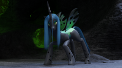 Size: 2666x1500 | Tagged: safe, artist:radiomann01, queen chrysalis, changeling, changeling queen, g4, 3d, angry, blender, buzzing wings, cave, female, looking at you, render, solo, wings