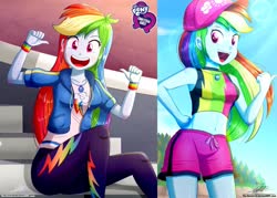 Size: 1429x1024 | Tagged: safe, artist:the-butch-x, edit, editor:thomasfan45, rainbow dash, equestria girls, g4, my little pony equestria girls: better together, adorasexy, beach, beach babe, beautiful, belly button, bikini, board shorts, breasts, busty rainbow dash, butch's hello, cap, clothes, cloud, crepuscular rays, cute, dashabetes, equestria girls logo, female, grin, hand on hip, happy, hat, jacket, legs, looking at you, midriff, open mouth, pants, pointing at self, sexy, shorts, sitting, sky, smiling, solo, stairs, stupid sexy rainbow dash, swimsuit, tankini, tights, tomboy, wristband