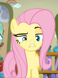 Size: 710x938 | Tagged: safe, screencap, fluttershy, gentle breeze, pegasus, pony, flutter brutter, g4, cropped, female, fluttershy is not amused, lidded eyes, mare, offscreen character, raised eyebrow, solo focus, unamused