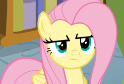 Size: 1382x937 | Tagged: safe, screencap, fluttershy, pegasus, pony, flutter brutter, g4, season 6, cropped, female, fluttershy is not amused, folded wings, frown, mare, pink hair, pink mane, pink tail, solo, tail, teal eyes, unamused, wings, yellow coat, yellow fur, yellow pony, yellow wings