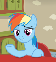 Size: 843x937 | Tagged: safe, screencap, rainbow dash, pegasus, pony, flutter brutter, g4, cropped, female, looking at you, mare, raised eyebrow, raised hoof, sitting, smiling, smug, smugdash, solo
