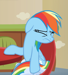 Size: 804x881 | Tagged: safe, screencap, rainbow dash, pegasus, pony, flutter brutter, g4, chair, cropped, disgusted, eyes closed, female, floppy ears, looking away, mare, sitting, solo