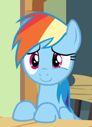 Size: 672x933 | Tagged: safe, screencap, rainbow dash, pegasus, pony, flutter brutter, g4, cropped, cute, dashabetes, female, hooves on the table, looking at you, mare, sitting, smiling, solo