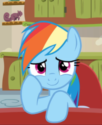 Size: 704x861 | Tagged: safe, screencap, rainbow dash, pegasus, pony, flutter brutter, g4, chair, cropped, cute, dashabetes, female, hoof on cheek, hooves on the table, looking at you, mare, sitting, smiling, solo, table