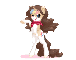 Size: 367x292 | Tagged: safe, artist:minigini, oc, oc only, oc:skittles, pony, unicorn, animated, blush sticker, blushing, clothes, coat markings, colored hooves, female, gif, heart, horn, mare, multicolored hair, music notes, pictogram, pixel art, rainbow hair, rearing, reference sheet, scarf, simple background, socks (coat markings), transparent background, unicorn oc