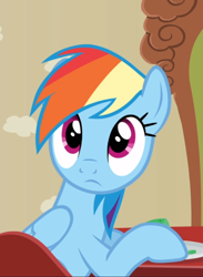 Size: 644x882 | Tagged: safe, screencap, rainbow dash, pegasus, pony, flutter brutter, g4, chair, cropped, cute, dashabetes, female, looking at you, looking back, looking back at you, mare, solo, table