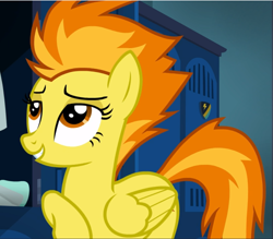 Size: 1073x940 | Tagged: safe, screencap, spitfire, pegasus, pony, g4, top bolt, cropped, cute, cutefire, female, lidded eyes, looking up, mare, raised hoof, smiling, solo