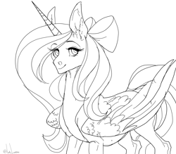 Size: 1600x1400 | Tagged: safe, artist:lady-lorienn, oc, oc:fleurbelle, alicorn, pony, alicorn oc, bow, female, hair bow, horn, long eyelashes, looking at you, majestic, mare, sketch, sweet