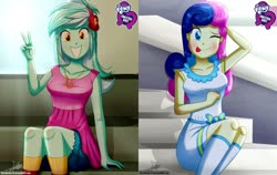 Size: 1624x1024 | Tagged: safe, artist:the-butch-x, edit, editor:thomasfan45, bon bon, lyra heartstrings, sweetie drops, equestria girls, g4, :p, ;p, adorabon, arm behind head, background human, bleachers, blouse, bow, breasts, busty bon bon, busty lyra heartstrings, butch's hello, clothes, couple, crepuscular rays, cute, description is relevant, dress, duo, equestria girls logo, female, happy, headband, jewelry, kneesocks, lesbian, lyrabetes, mlem, necklace, one eye closed, peace sign, question in description, sexy, ship:lyrabon, shipping, signature, silly, sitting, smiling, socks, stairs, tongue out, wink