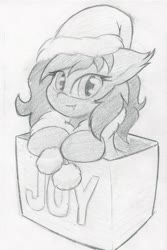 Size: 1675x2513 | Tagged: safe, artist:zemer, oc, oc only, oc:mariposa, pony, box, christmas, ear fluff, grayscale, hat, holiday, monochrome, pony in a box, santa hat, solo, traditional art