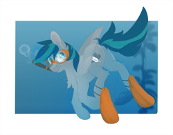 Size: 1307x1027 | Tagged: safe, artist:tangomangoes, oc, oc only, oc:storm feather, pegasus, pony, air bubble, blue eyes, bubble, butt, chest fluff, crossover, dive mask, diving, flippers (gear), kelp, looking at you, looking back, looking back at you, male, out of frame, pegasus oc, plot, solo, stallion, subnautica, tail, transparent wings, two toned mane, two toned tail, underwater, video game crossover, water, wings