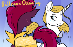 Size: 400x259 | Tagged: safe, artist:tempestintheponyvile, fizzlepop berrytwist, prince blueblood, tempest shadow, g4, ballroom dancing, berryblood, female, male, shipping, straight
