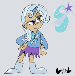 Size: 784x800 | Tagged: safe, artist:mirabuncupcakes15, trixie, human, g4, boots, clothes, cute, dark skin, female, gray background, humanized, shirt, shoes, simple background, skirt, solo