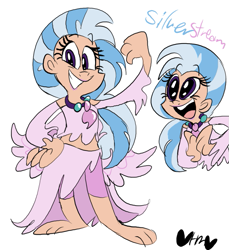 Size: 733x800 | Tagged: safe, artist:mirabuncupcakes15, silverstream, human, g4, barefoot, clothes, cute, diastreamies, feet, female, grin, humanized, jewelry, midriff, necklace, open mouth, shirt, shorts, simple background, smiling, solo, white background, winged humanization, wings