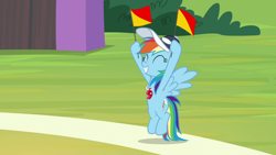 Size: 1920x1080 | Tagged: safe, screencap, rainbow dash, pegasus, pony, 2 4 6 greaaat, g4, ^^, cap, coach rainbow dash, eyes closed, female, hat, mare, rainbow dashs coaching whistle, solo, spread wings, whistle, whistle necklace, wings