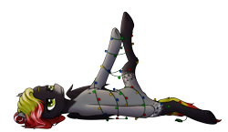 Size: 2000x1157 | Tagged: safe, artist:lambydwight, oc, oc only, oc:caroline grind, bat pony, pony, christmas, christmas lights, coat markings, commission, female, gift art, hearth's warming, holiday, mare, roan, simple background, solo, tangled up, transparent background, unamused, ych result