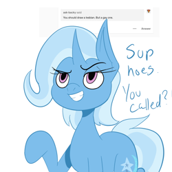 Size: 640x640 | Tagged: artist needed, safe, trixie, pony, unicorn, g4, female, implied gay, implied lesbian, mare, raised hoof, simple background, solo, white background