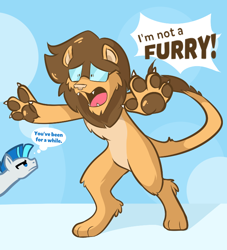 Size: 660x726 | Tagged: safe, artist:aviivix, oc, oc only, oc:saberspark, big cat, earth pony, lion, pony, anthro, digitigrade anthro, blatant lies, duo, earth pony oc, frown, furry, male, paw pads, paws, stallion, thought bubble, unamused, underpaw